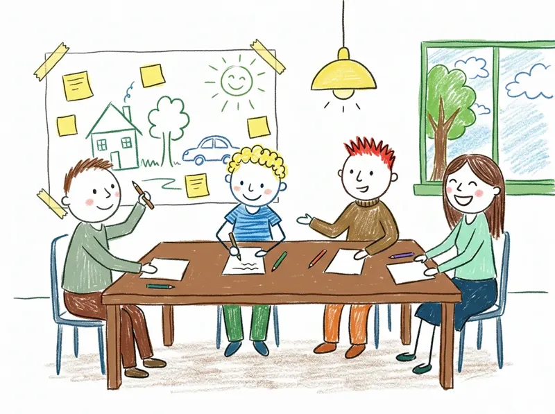 Kinderzeichnung: Ein Team sitzt gemeinsam am Tisch, an der Wand ein grosses Plakat mit Notizzetteln